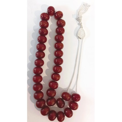 Κομπολόι από ασήμι 925 με χάντρες από κεχριμπάρι φατουράν χρώματος κόκκινου (KOM11)